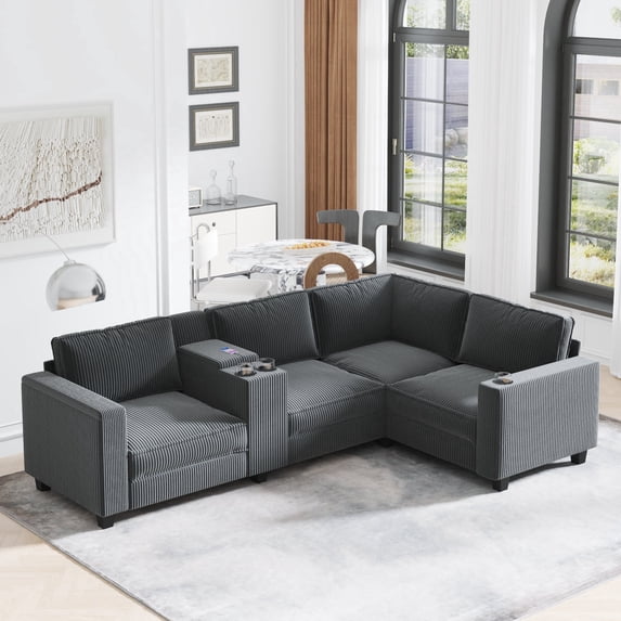 Modern L-Shaped Sectional Sofa, 4 Seats Modular Couch With Storage Console Cup Holders USB Charging Ports For Living Room Apartment Office