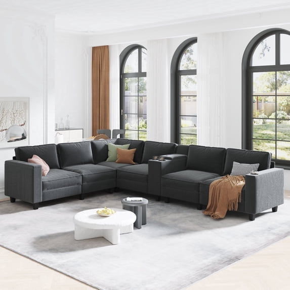Modern L-Shaped Sectional Sofa, 6 Seats Modular Couch With Storage Console Cup Holders USB Charging Ports For Living Room Apartment Office