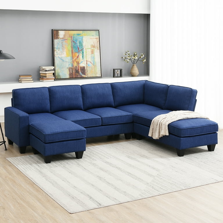 Modern L Shaped Sectional Sofa 7 Seater Linen Modular Couch with Chaise Lounge and Convertible Ottoman for Living Room Office