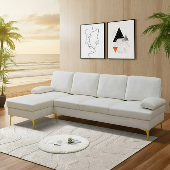 Modern L-Shaped Sectional Sofa Couch, 4-Seat Velvet Sofa Set with Left Chaise Lounge, Mid-Century Upholstered Couch with Metal Legs for Living Room, Off-White