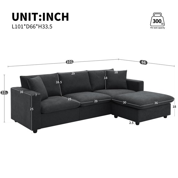 Modern L-Shaped Sectional Sofa Couch Set, 100.4" Polyester Fabric, Convertible Ottoman, 4-Seat, 2 Free Pillows, for Living Room, Apartment, Office, Black