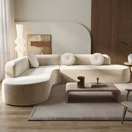 Modern L-Shaped Sectional Sofa with Curved Design and Three Round Cushions, Extra Large Corner Couch for Living Room, Armless Chenille Fabric Sofa with Pocket Springs, Sand