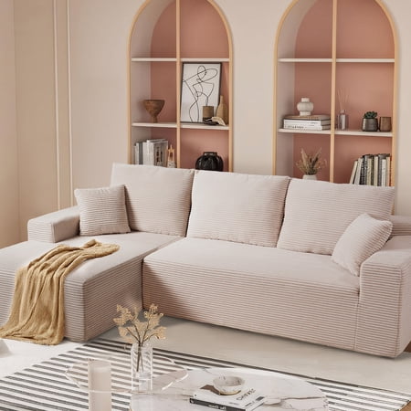 Modern L-Shaped Sectional Sofa for Living Room, 106" Modular Free Combination Sofa, Oversized 3-Seater Couch with Cushion Backrest, Corduroy Upholstery, Double Foam, No Assembly Required, Beige