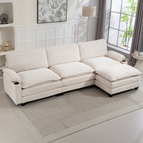 Modern L-Shaped Sectional Sofa with Ottoman, 113" Corduroy Fabric Cloud Couch with Storage Bags and Cup Holders, 35D High-Resilience Sponge for Living Room Apartment, Beige