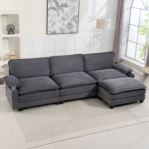 Modern L-Shaped Sectional Sofa with Ottoman, 113" Corduroy Fabric Cloud Couch with Storage Bags and Cup Holders, 35D High-Resilience Sponge for Living Room Apartment, Dark Grey