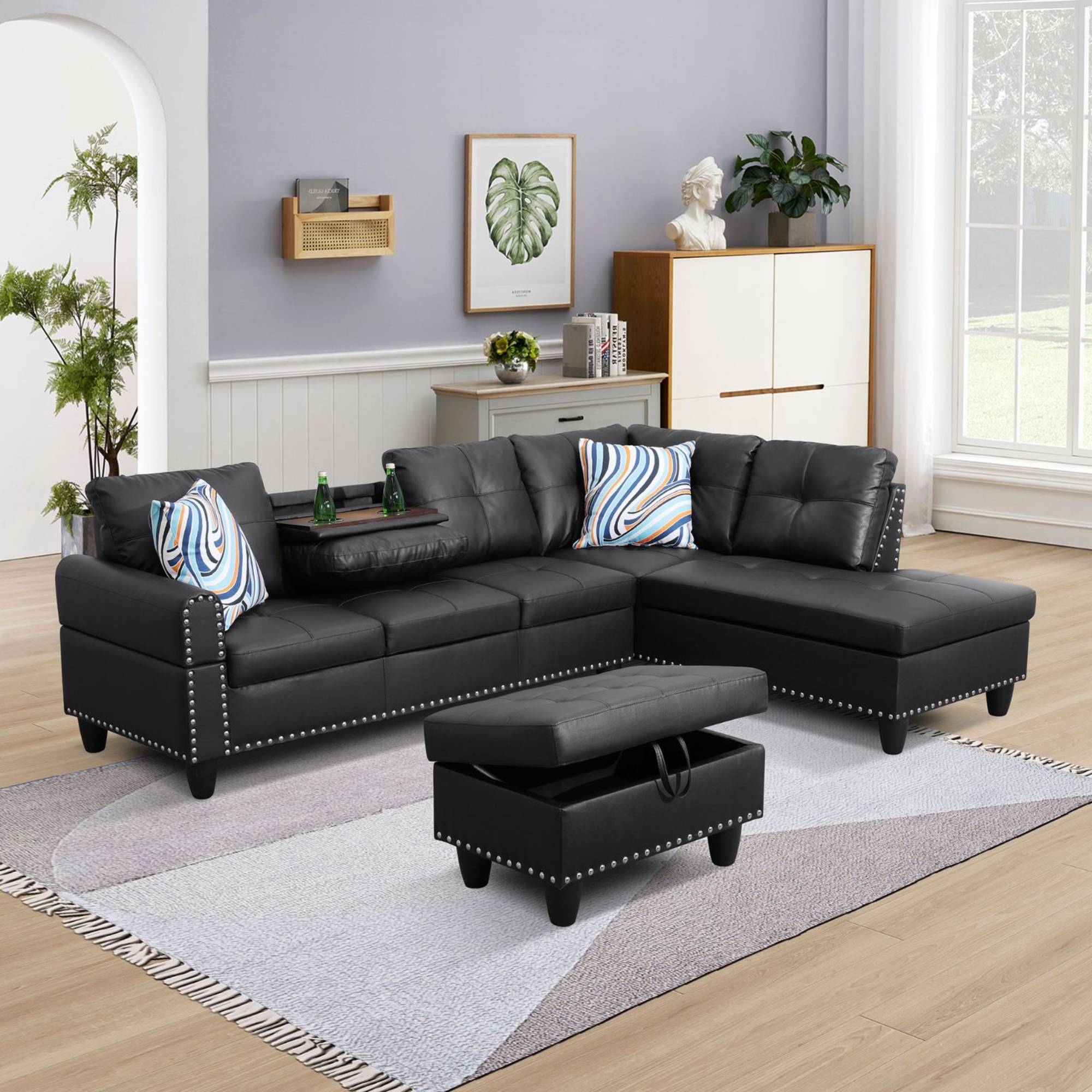 Modern L-Shaped Sectional Sofa Set with Left Chaise & Ottoman - Faux Leather Tufted Modular Couch for Living Room, Black