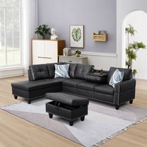Modern L-Shaped Sectional Sofa Set with Left Chaise & Ottoman - Faux Leather Tufted Modular Couch for Living Room, Black