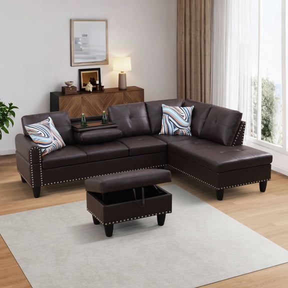 Modern L-Shaped Sectional Sofa Set with Left Chaise & Ottoman - Faux Leather Tufted Modular Couch for Living Room, Brown