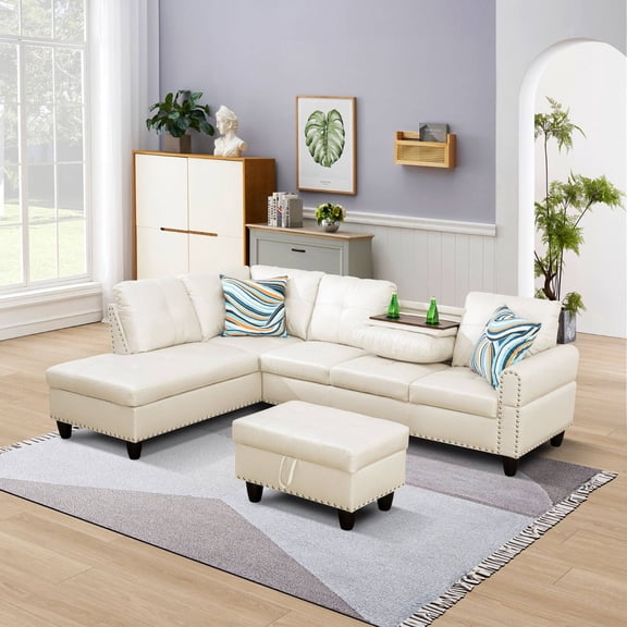 Modern L-Shaped Sectional Sofa Set with Left Chaise & Ottoman - Faux Leather Tufted Modular Couch for Living Room, White
