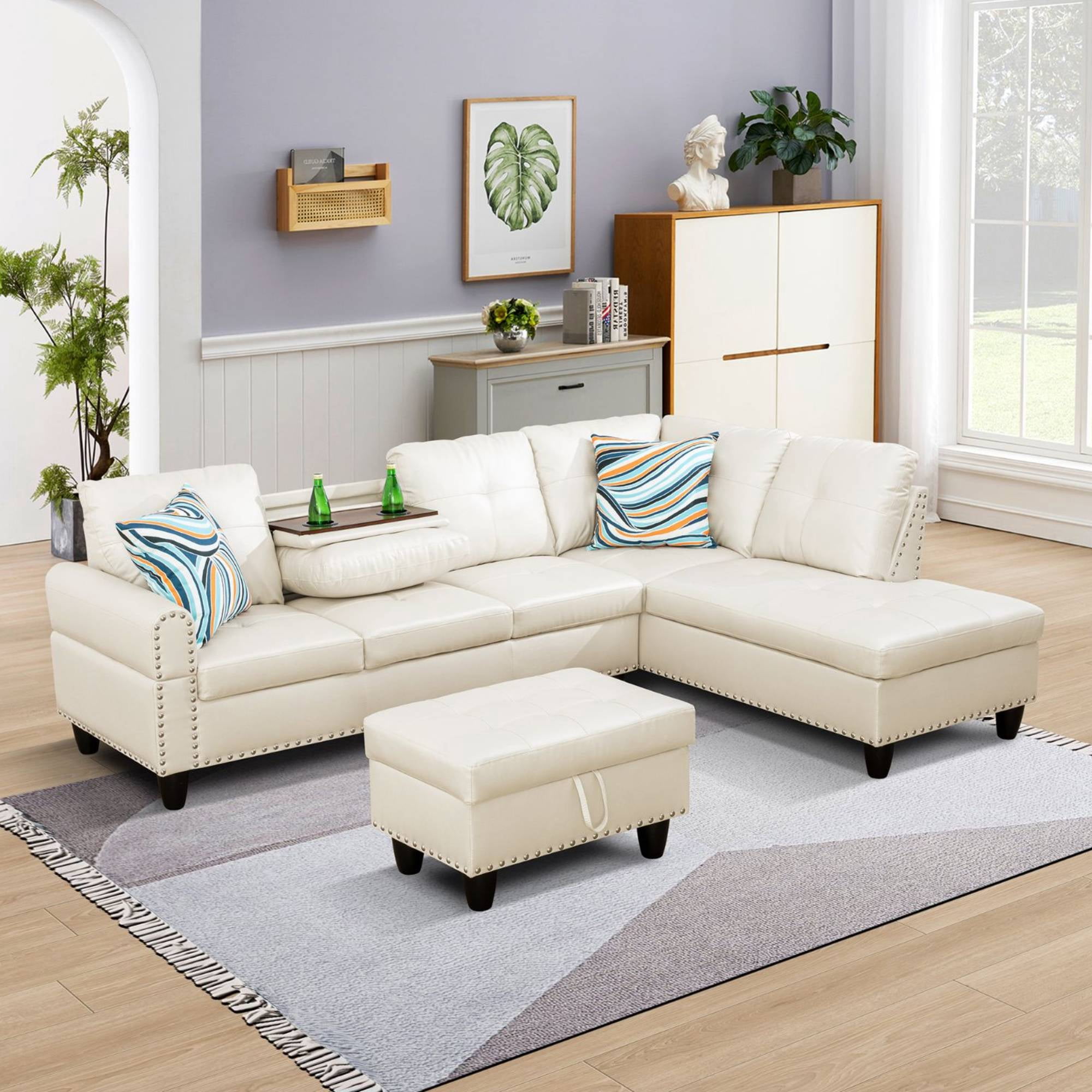 Modern L-Shaped Sectional Sofa Set with Left Chaise & Ottoman - Faux Leather Tufted Modular Couch for Living Room, White
