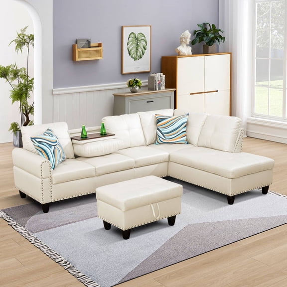 Modern L-Shaped Sectional Sofa Set with Left Chaise & Ottoman - Faux Leather Tufted Modular Couch for Living Room, White