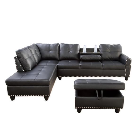 Modern L-Shaped Sectional Sofa Set with Right Chaise & Ottoman - Faux Leather Tufted Modular Couch for Living Room, Black