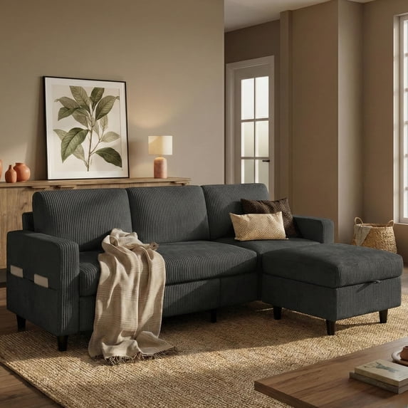 Modern L-Shaped Sectional Sofa with Storage Ottoman and Side Pockets, Convertible 3-Seater Corduroy Couch for Small Apartments, Living Rooms, and Offices, Dark gery