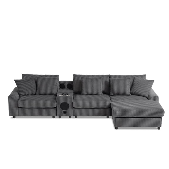 Modern L Shaped Sectional Sofa With Storage Console, Corduroy Upholstered Modular Couch With Bluetooth Speaker Cup Holders and Wireless Charger