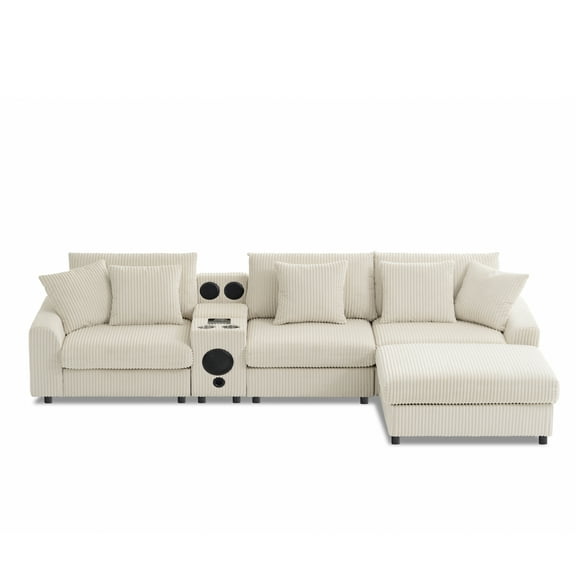 Modern L Shaped Sectional Sofa With Storage Console, Corduroy Upholstered Modular Couch With Bluetooth Speaker Cup Holders and Wireless Charger