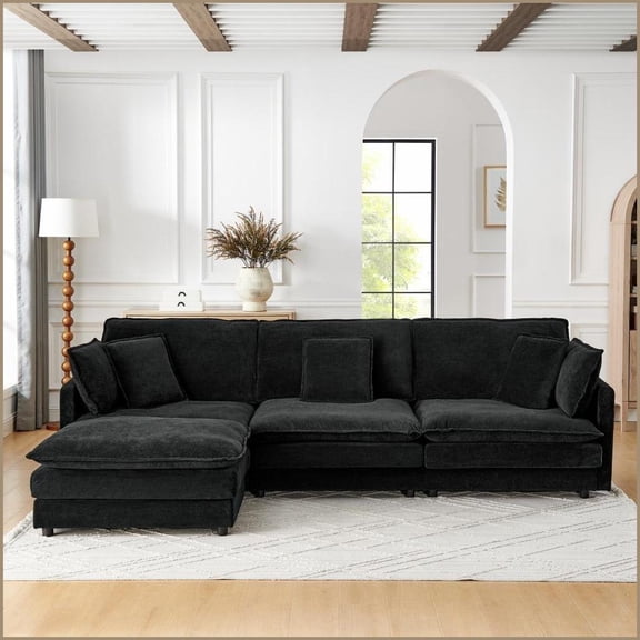 Modern L-Shaped Sectional Sofa with Convertible Ottoman - 4-Seater Towel Fabric Living Room Couch | Black | Wood Frame | Fabric