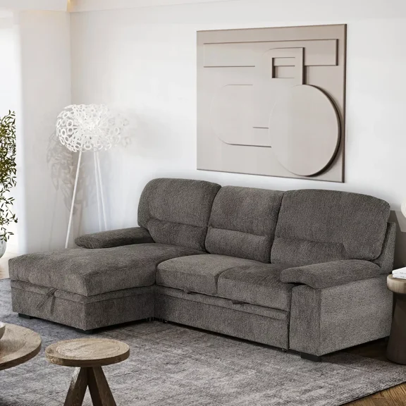 Modern L-Shaped Sectional Sofa with Storage Chaise, Convertible Sofa Bed, Gray