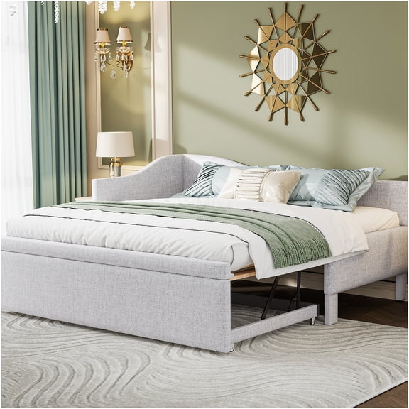 Modern L-Shaped Sleeper Sofa Bed with Pop-Up Trundle, Twin Size Daybed for Small Spaces, Beige Linen Upholstery
