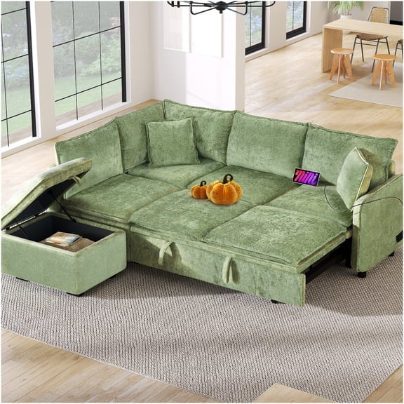 Modern L-Shaped Sleeper Sofa with Charging Station, Storage Ottoman & Pillows, Green Chenille