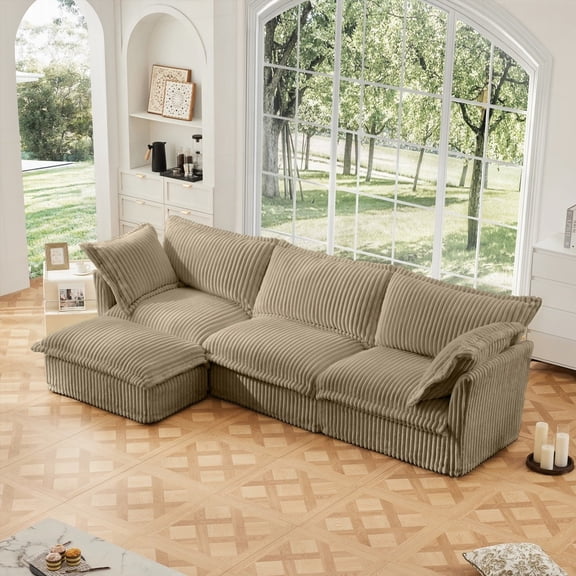 Modern Oversized Camel Corduroy L-Shaped Slipcovered Sectional Sofa with Convertible Ottoman (220×80×75cm)