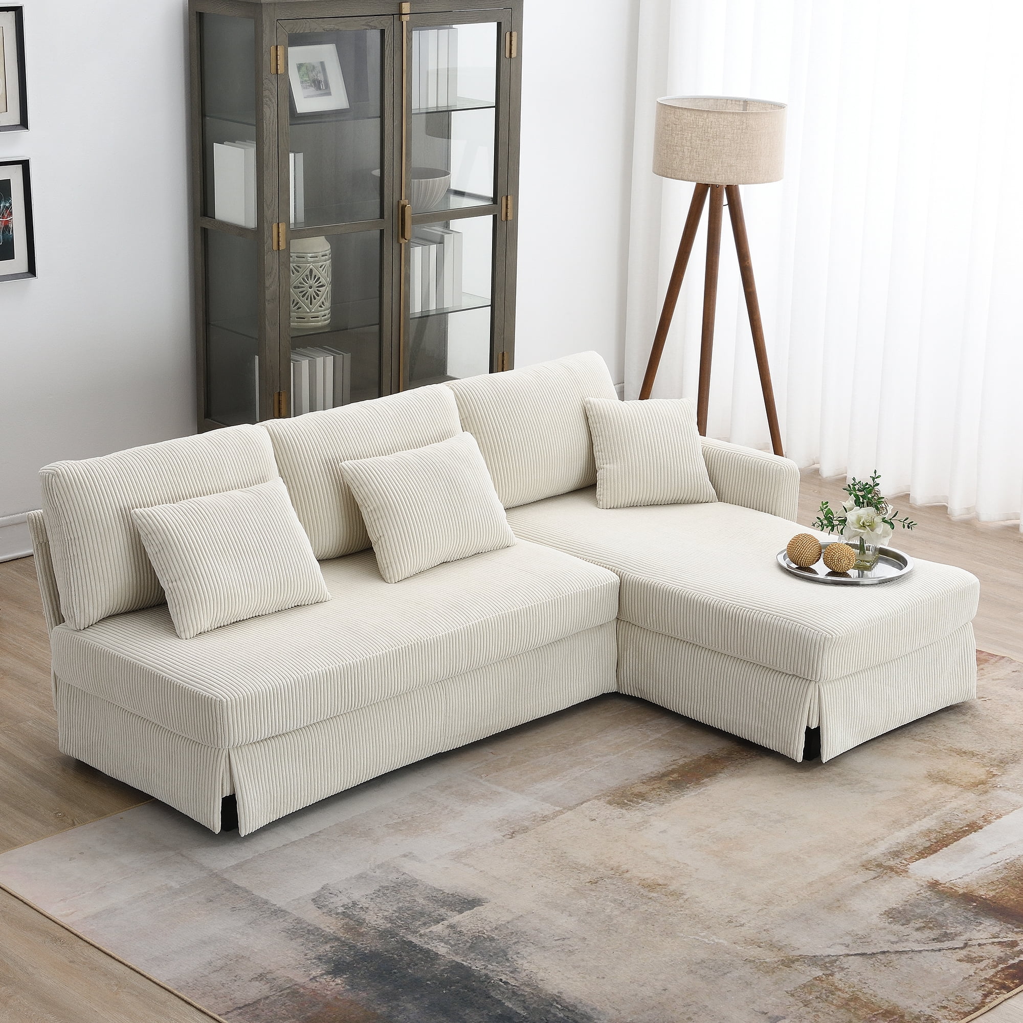 Modern L-shaped Corduroy Sofa with Reversible Chaise,4-seat Upholstered Sectional Indoor Furniture,Convertible Sleeper Couch with Pillows for Living Room,Apartment