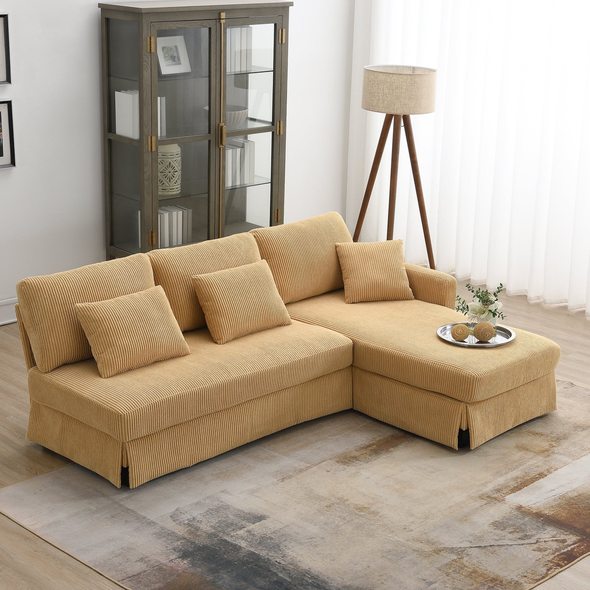Modern L-shaped Corduroy Sofa with Reversible Chaise,4-seat Upholstered Sectional Indoor Furniture,Convertible Sleeper Couch with Pillows for Living Room,Apartment