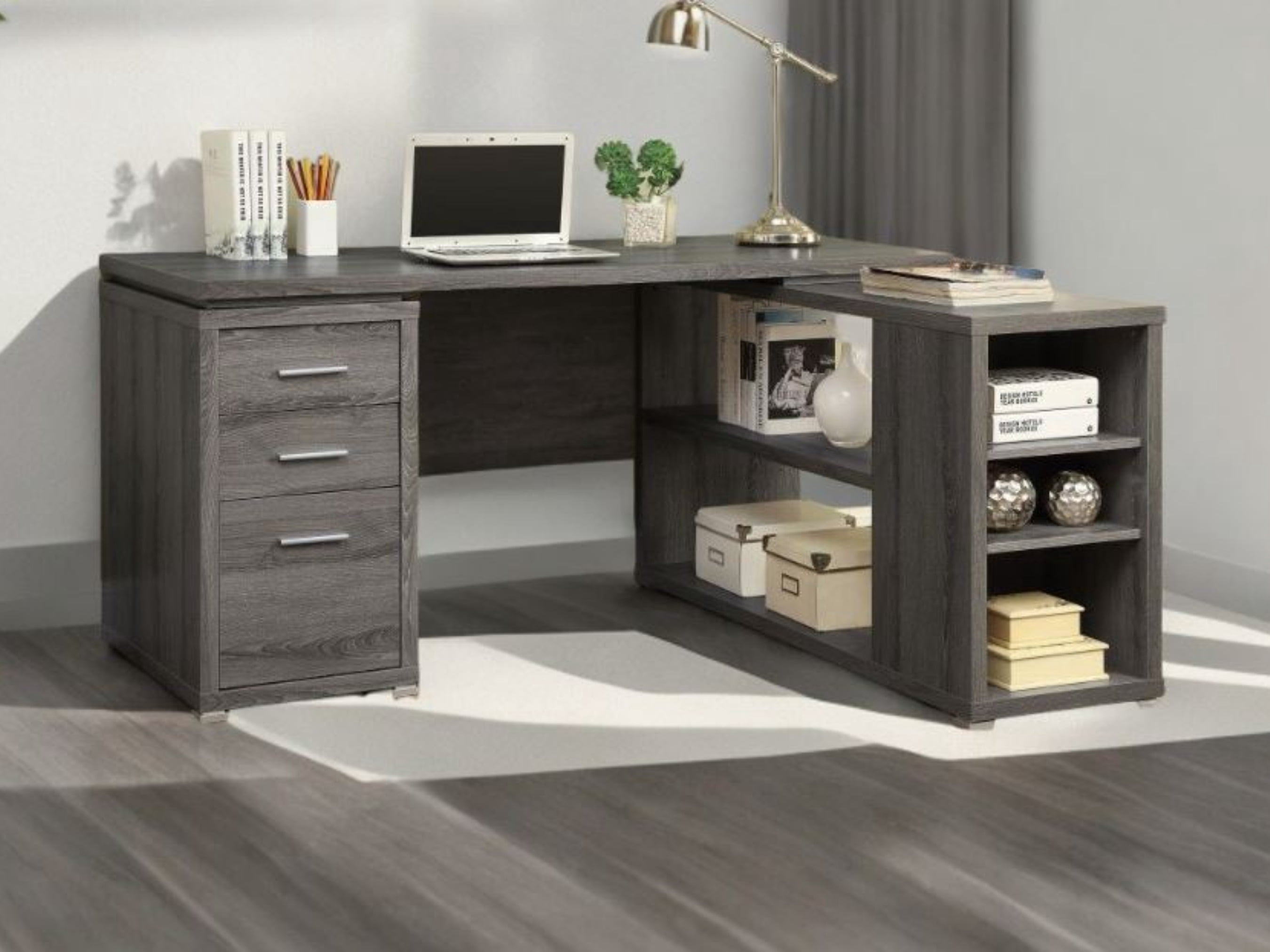 Modern L shaped Home Office Reversible Computer Desk with Storage In Weathered Gray (Weathered Gray)