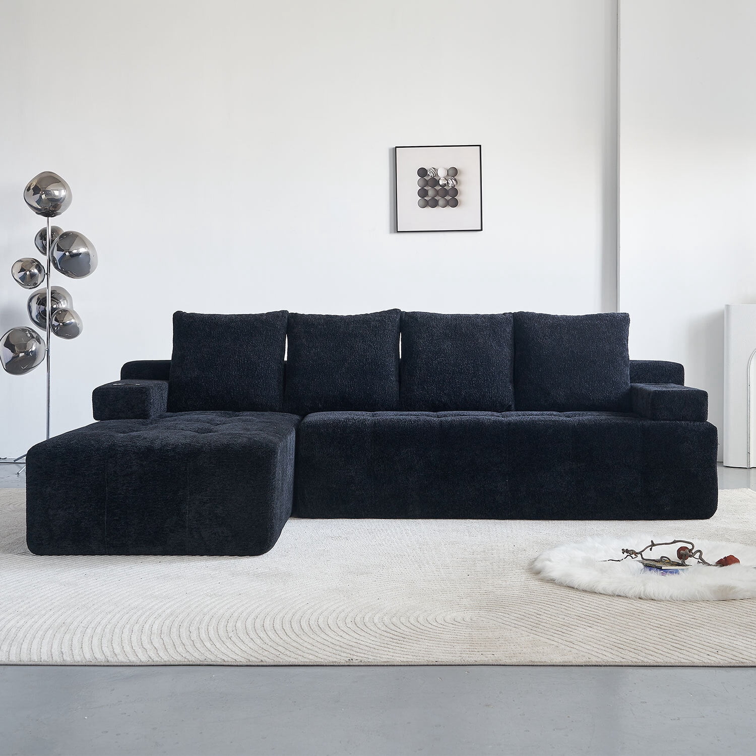 Modern L-shaped Tufted Sectional Sofa with Built-in Wireless Charging & Bluetooth Speaker,Reversible Chaise with Chenille Sofa Couch, USB Port, Cup Holders, Black,Perfect for Small Apartments