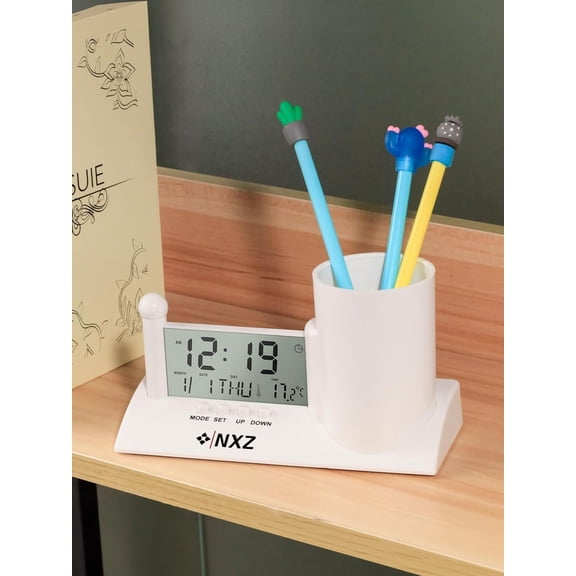 Modern LCD Digital Alarm Clock with Pen Holder Multifunction Temperature Calendar for Home Office Desk Clock