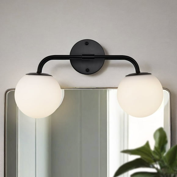 Modern LED Bathroom Vanity Light, 2-Light Matte Black Wall Sconce with Frosted Globe Shades
