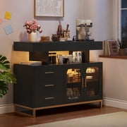 Modern LED Buffet Sideboard Cabinet with RGB Lighting Charging Station USB Ports 3 Drawers wood grain US standard Black
