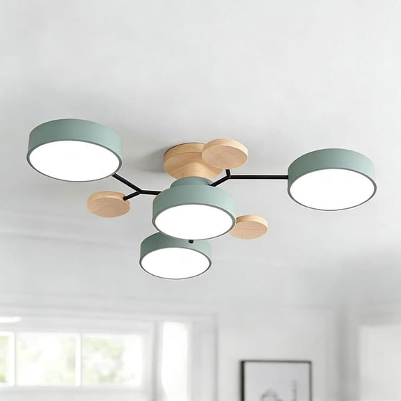 Modern LED Ceiling Light, 4 Light LED Dimmable Flush Mount Chandelier with Shade, Wooden Kitchen Lighting Fixture Ceiling Lamp for Dining Room Bedroom Living Room Office Ceiling Light