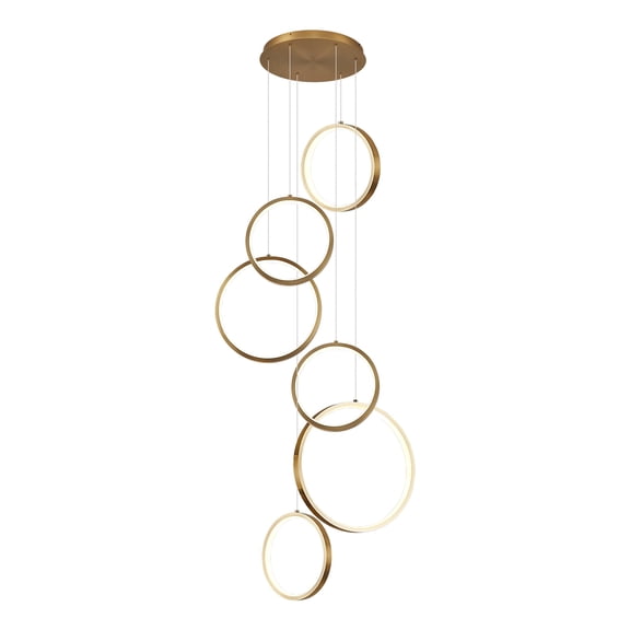 Modern LED Chandelier 6 Ring Gold Remote Control LED Pendant Light Adjustable Height Hanging Ceiling Light Fixture Dimmable Chandelier Ceiling Hanging for Foyer, Entryway