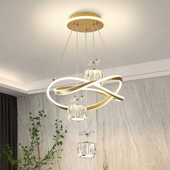 Modern LED Chandelier Farmhouse Pendant Lighting with Crystal Cup Shades 2 Tiers White Hanging Ceiling Light Fixture for Dinning Room Kitchen Island Height Adjustable, Globe
