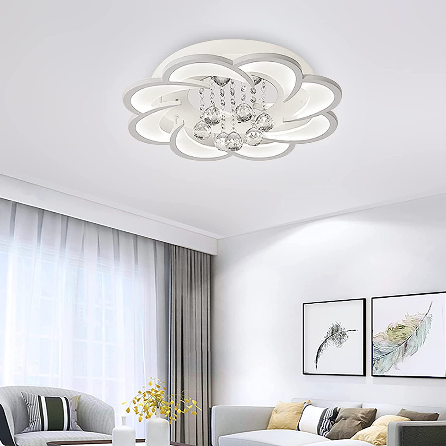 Modern LED Chandelier Fixture Acrylic Crystal Flush Mount Ceiling Lighting Flower Shape Close to Ceiling Lights for Living Room Dining Room Bedroom (Cold Light 52cm)