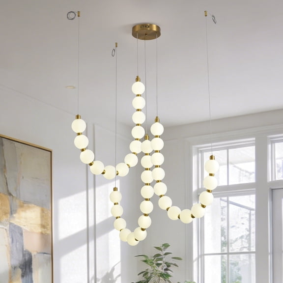 Modern LED Chandelier,Gold Dimmable High Ceiling Pendant Lighting,Acrylic Balls Staircase Chandelier,Adjustable Hanging Light for High Ceiling