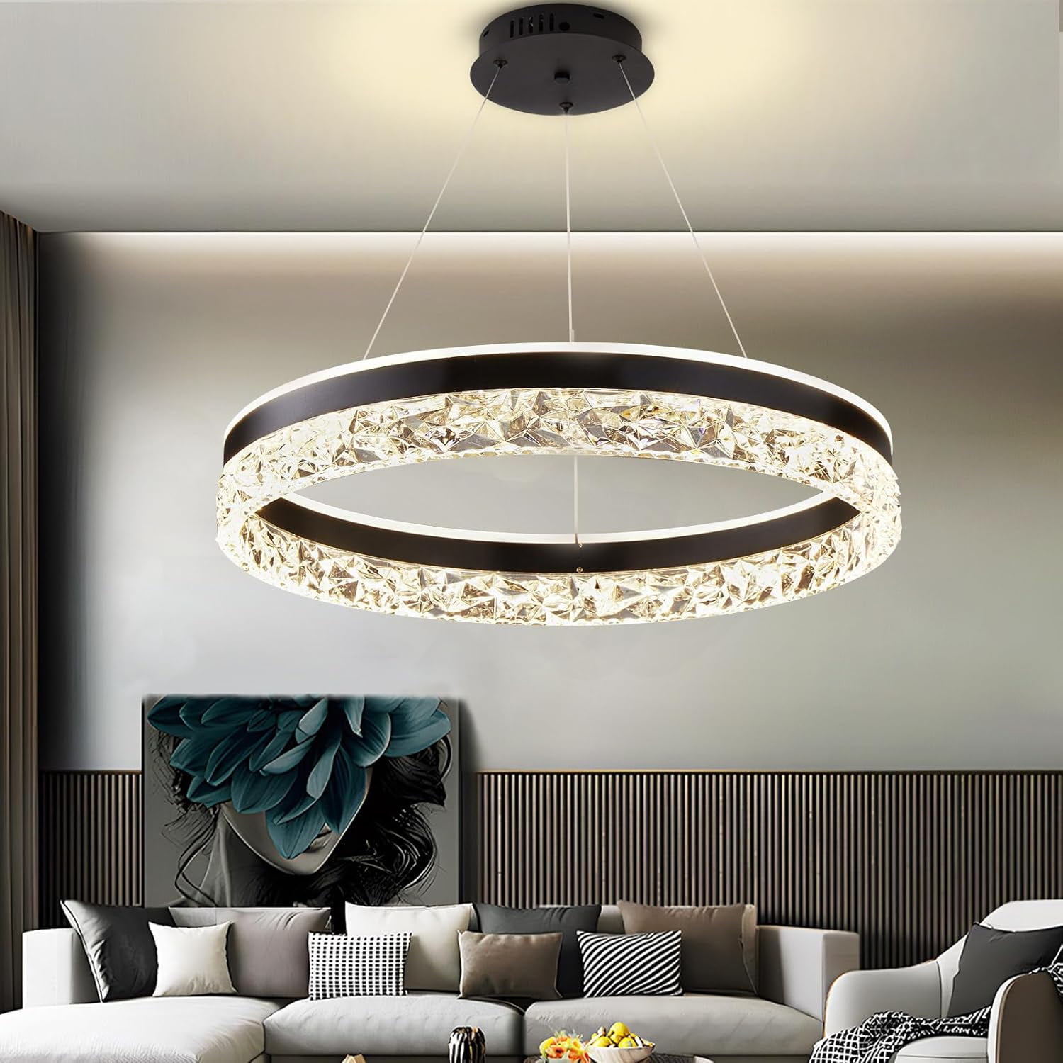 Modern LED Chandelier Pendant Lighting for Kitchen Island, 3000K/4500K/6000K Selectable Ceiling Light Fixture, LED Pendant Light Chandelier Hanging Light Fixtures for Dining Room Living Room (Black)