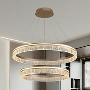 Modern LED Chandelier with Remote Control, Round Crystal Chandelier, 2 Ring Modern Gold Chandelier Round Hanging Light Fixture Dimmable Crystal Chandelier for Dining Living Room Bedroom.