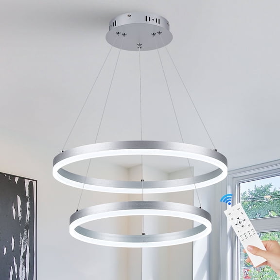 Modern LED Chandelier Silver for Dining Room, (19.69"+15.7") 2-Rings Circular Flush Mount Ceiling Chandelier Light Dimmable Pendant Light with Remote Control for Living Room Entrance Foyer