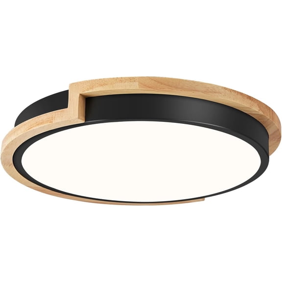Modern LED Close to Ceiling Light, Round Shape Flush Mount Light Fixture, Matte Black with Wood Accent, Minimalist Kitchen Lighting for Bedroom, Entryway, Laundry Room, Hallway 11.8in