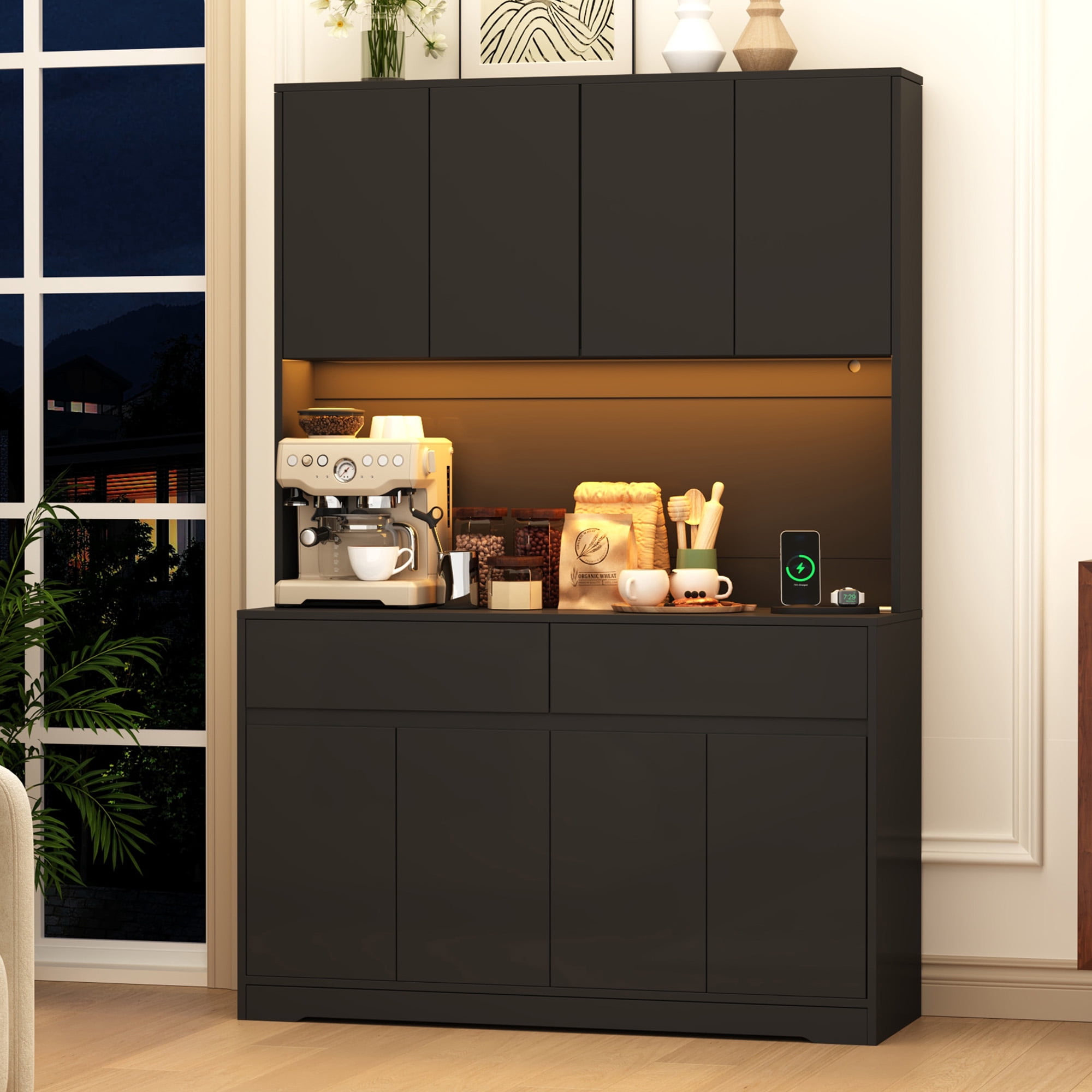 71'' Tall Coffee Bar Cabinet with LED Light & Power Charging Station, 47"W Modern Kitchen Pantry Hutch w/ 8-Door Storage Cabinet & 2 Drawers 4 Adjustable Shelves