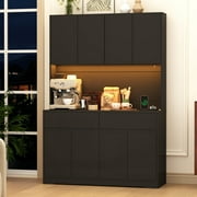 Modern LED Coffee Bar Cabinet with Charging Station, 71'' Tall Kitchen Pantry Hutch w/ 8-Door Storage Cabinets & 2 Drawers 4 Adjustable Shelves