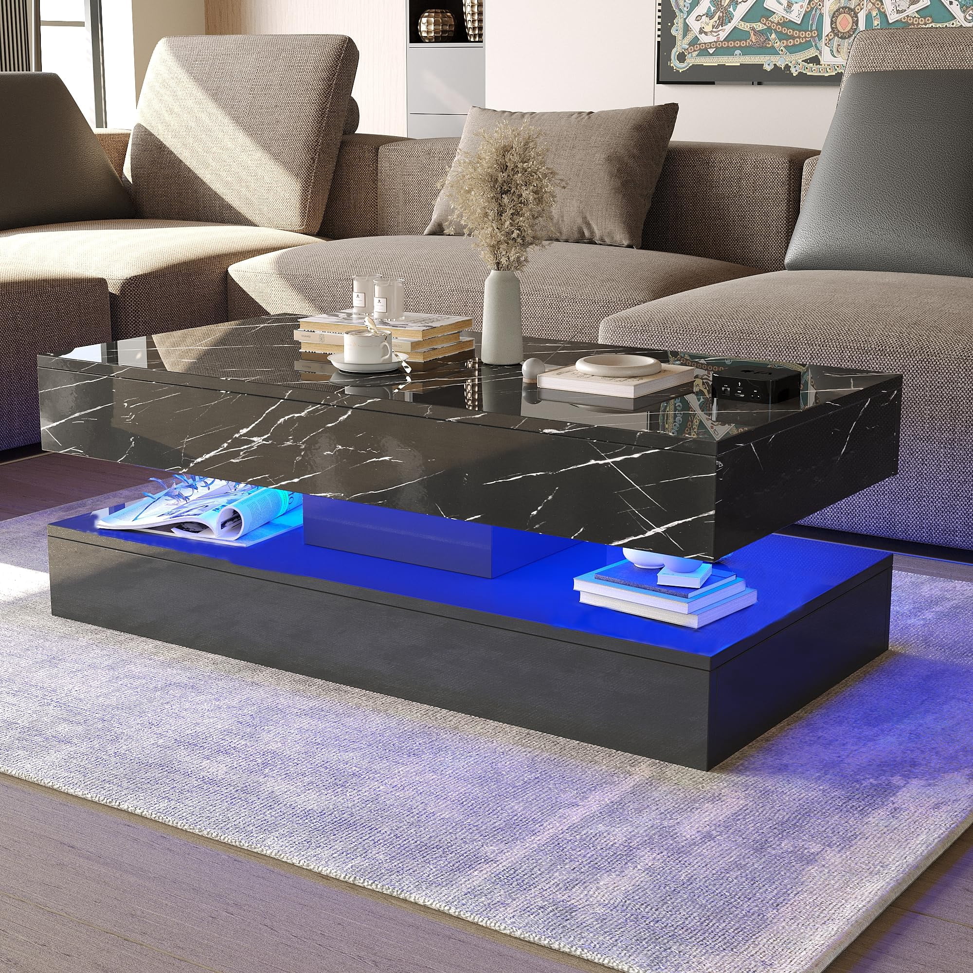 Table With Led Modern LED Coffee Table with 2 Storage Drawers, 20 Color Lighting APP ...