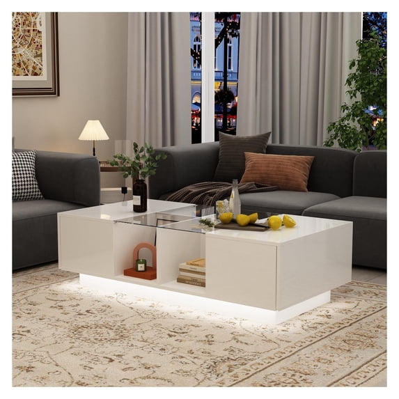 Modern LED Coffee Table with Drawers & Open Compartments, Rectangle ...