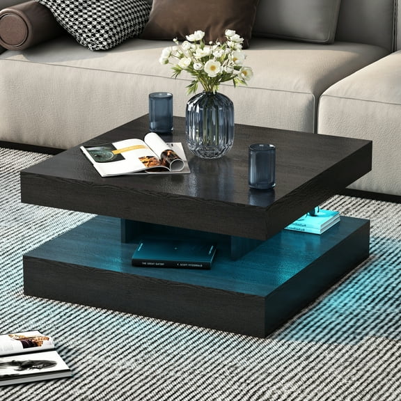 Modern LED Coffee Table - Square Storage Ottoman, High Glossy Wooden Center Table with 16-Color RGB Lighting for Living/Dining Room, Multipurpose Accent Furniture