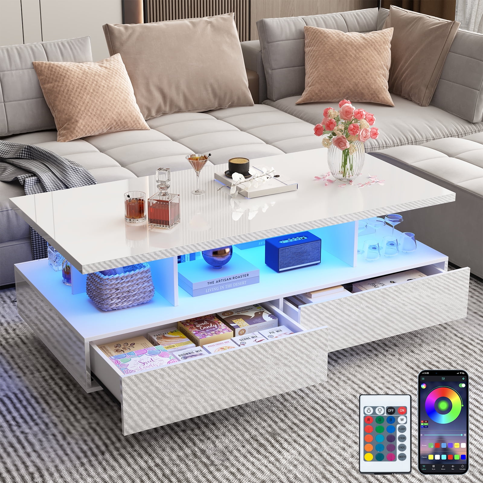 Modern LED Coffee Table with Drawer Storage, 43" White Coffee Tables