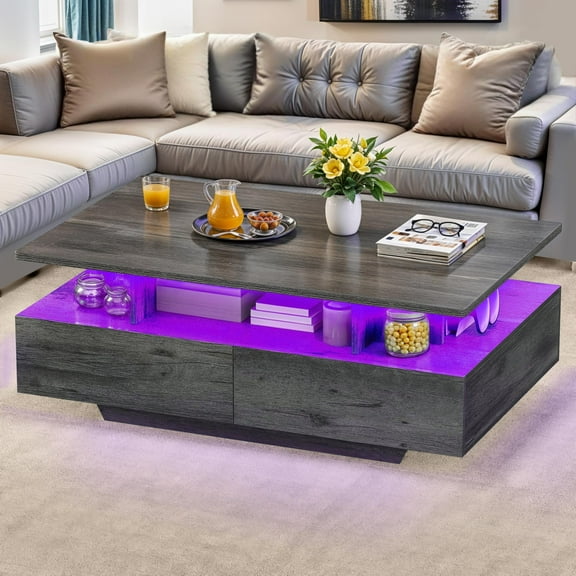Modern LED Coffee Table with Sliding Drawers, Gray Center Table for Home & Living Room, Gray Oak