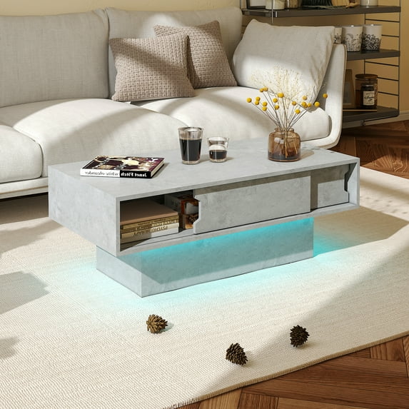 Modern LED Coffee Table with Storage - 16-Color Lighting, High Gloss Farmhouse Grey Rectangular Wooden Center Table for Living Room, Sliding Drawers