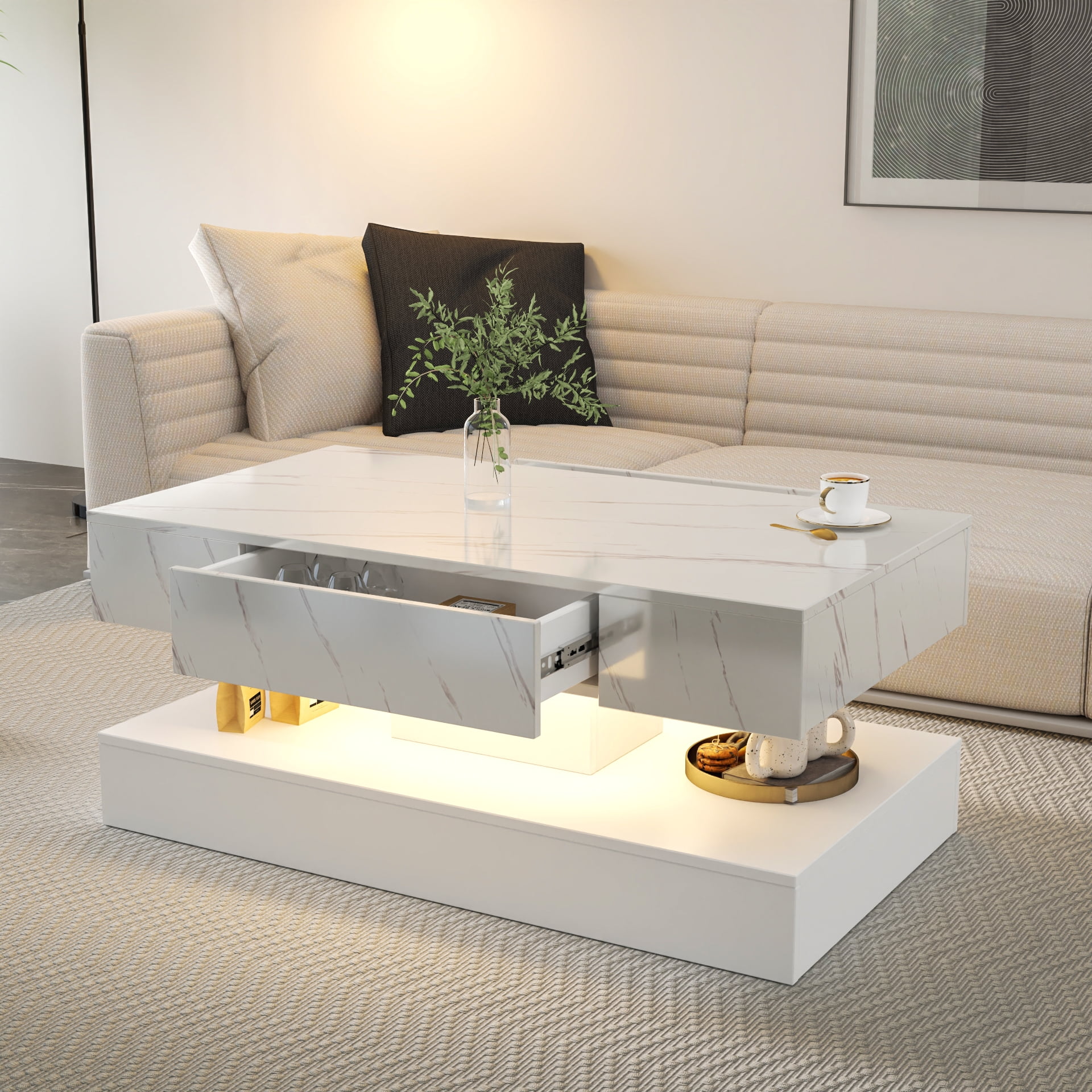 Modern LED Coffee Table with Storage Drawer for Living Room, White