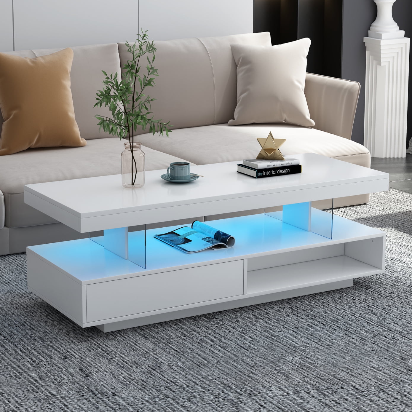 White High Gloss LED Coffee Table with Storage and Display Shelves